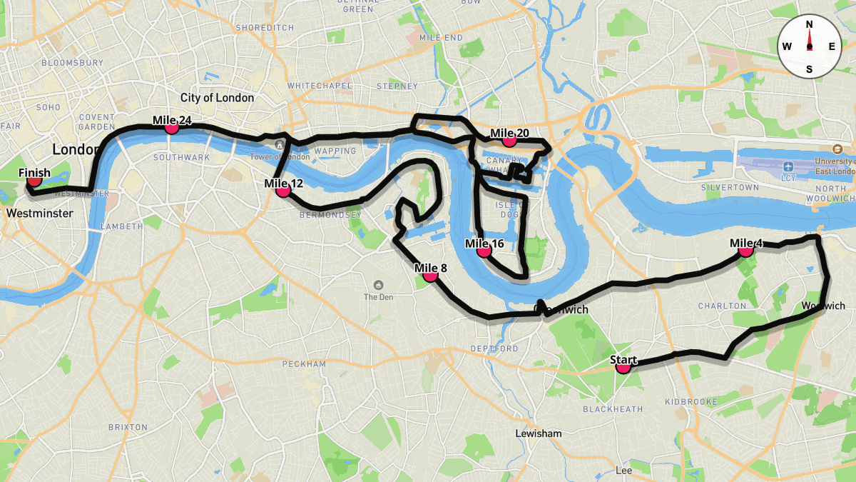 Course map for London Marathon (Blue Start)